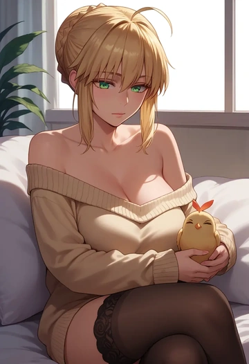 fate_(series),artoria_caster_(fate),cross-legged,Head resting on hand,off-shoulder,sweater  - AI generated anime art