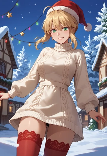 fate_(series),artoria_caster_(fate),Christmas,sweater dress,stockings  - AI generated anime art