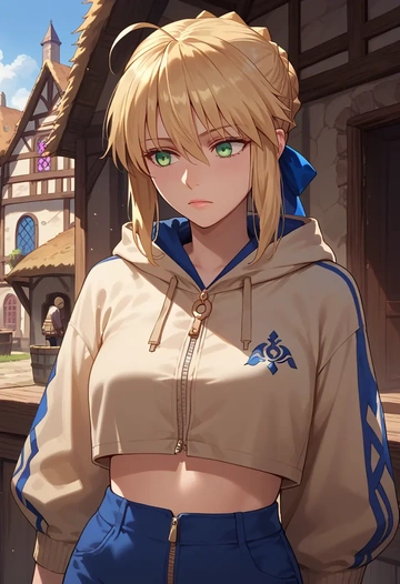 fate_(series),artoria_caster_(fate),crop hoodie,shorts  - AI generated anime art