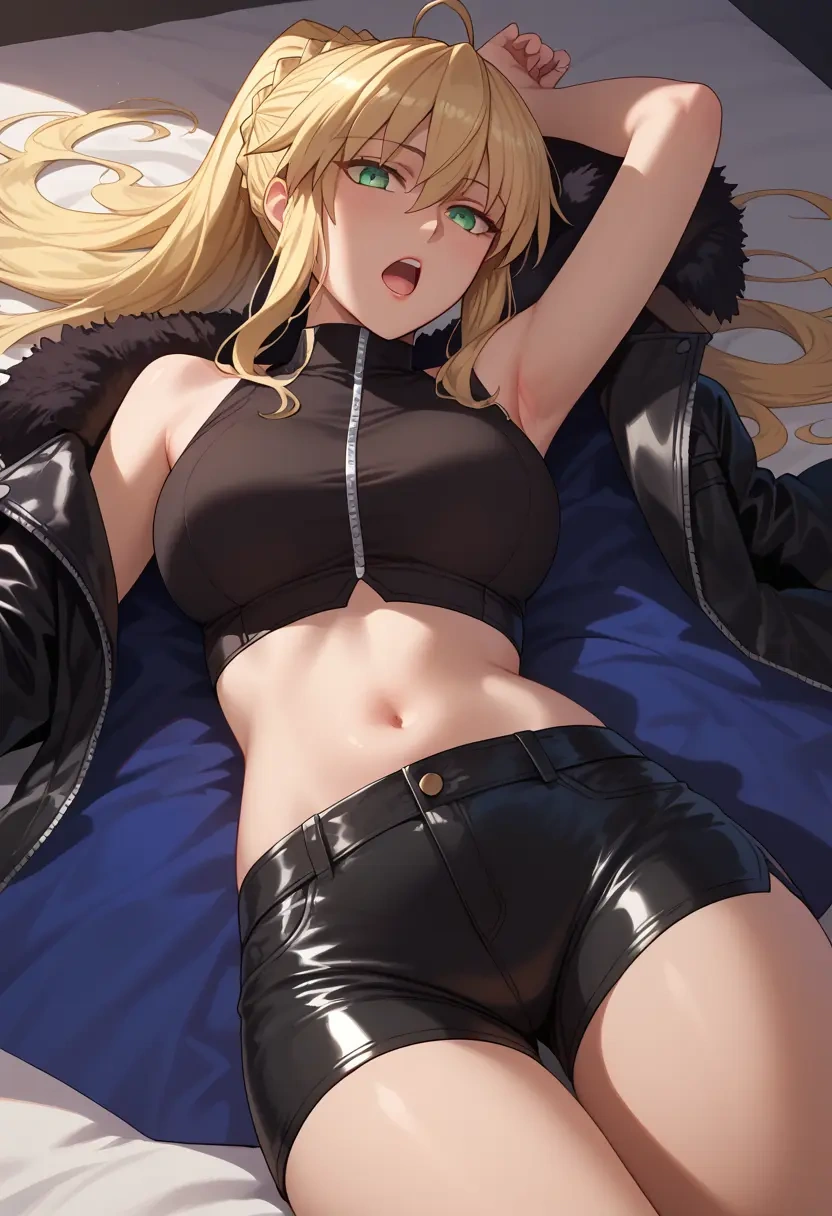 fate_(series),artoria_caster_(fate),leather,shorts,crop top  - 