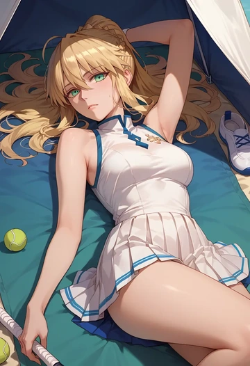 fate_(series),artoria_caster_(fate),tennis dress,visor,trainers  - AI generated anime art