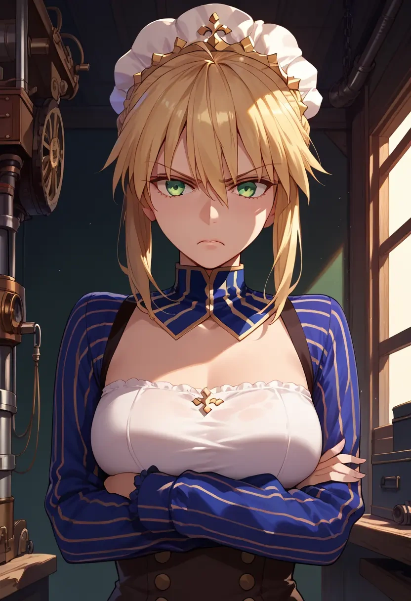 fate_(series),artoria_caster_(fate),long-sleeve striped tee,pleated skirt,fishnet stockings  - 