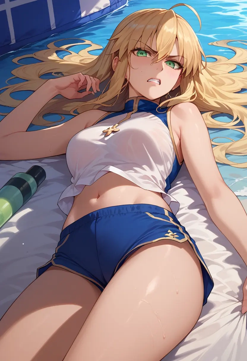 fate_(series),artoria_caster_(fate),sleeveless swim top,shorts-style bottom,contrast stitching  - 