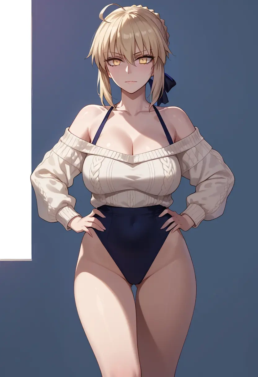 fate_(series),artoria_pendragon_(alter_swimsuit_rider)_(fate),Hands on hips,off-shoulder,sweater  - 