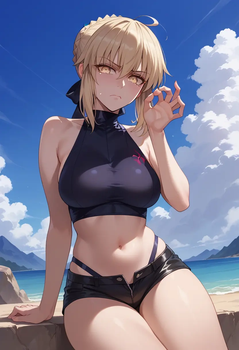 fate_(series),artoria_pendragon_(alter_swimsuit_rider)_(fate),leather,shorts,crop top  - 