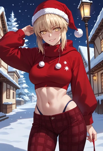 fate_(series),artoria_pendragon_(alter_swimsuit_rider)_(fate),Christmas,plaid trousers  - AI generated anime art