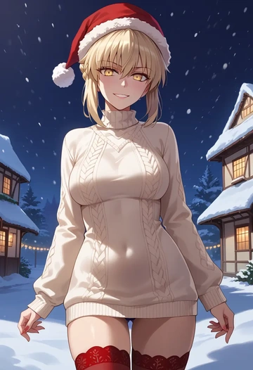 fate_(series),artoria_pendragon_(alter_swimsuit_rider)_(fate),Christmas,sweater dress,stockings  - AI generated anime art