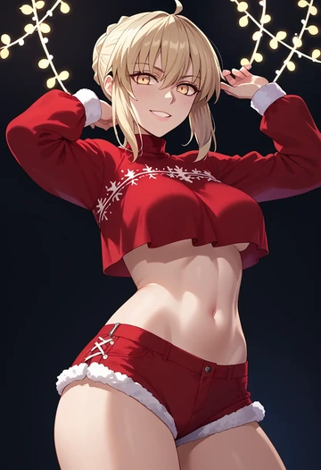 fate_(series),artoria_pendragon_(alter_swimsuit_rider)_(fate),Christmas,red velvet shorts  - AI generated anime art