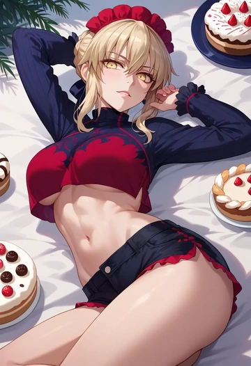 fate_(series),artoria_pendragon_(alter_swimsuit_rider)_(fate),red velvet shorts  - AI generated anime art