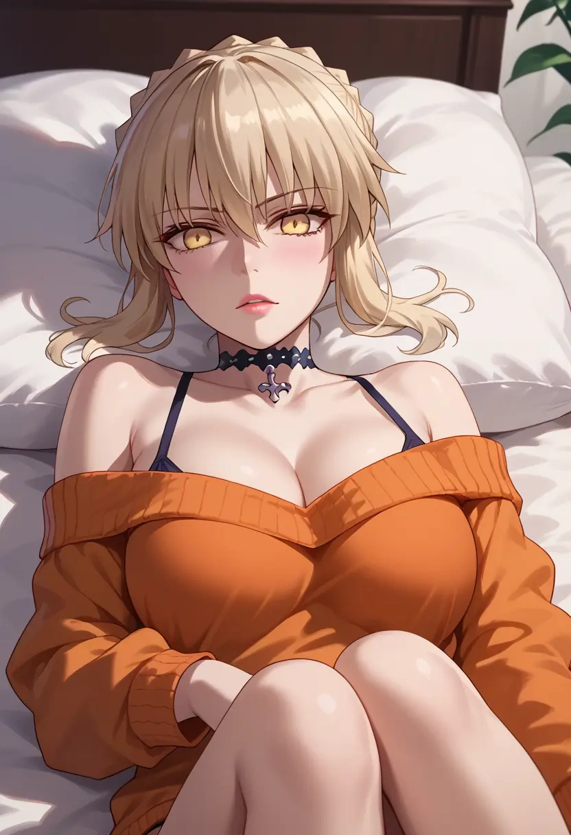 fate_(series),artoria_pendragon_(alter_swimsuit_rider)_(fate),orange,sweater,choker  - 