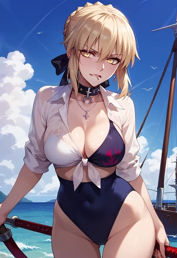 fate_(series),artoria_pendragon_(alter_swimsuit_rider)_(fate),polo shirt,tennis skirt  - AI generated anime art