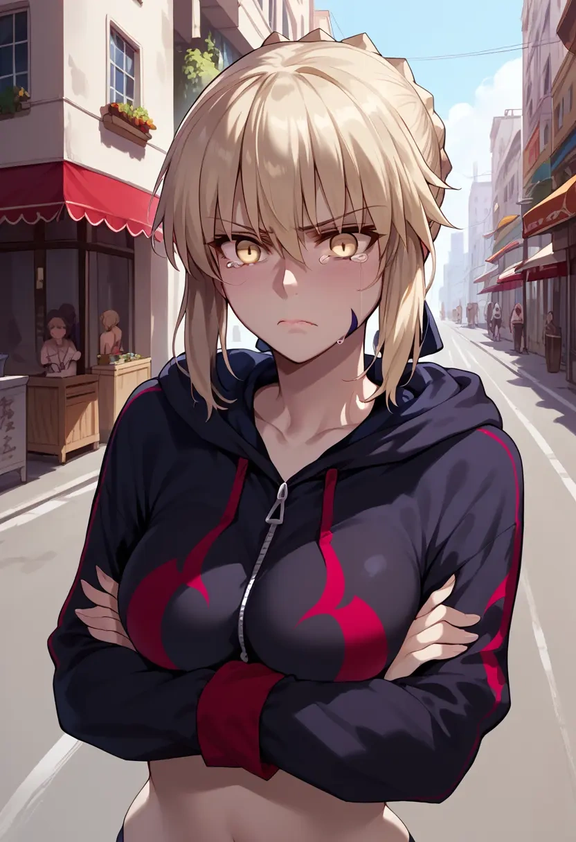 fate_(series),artoria_pendragon_(alter_swimsuit_rider)_(fate),crop hoodie,shorts  - 