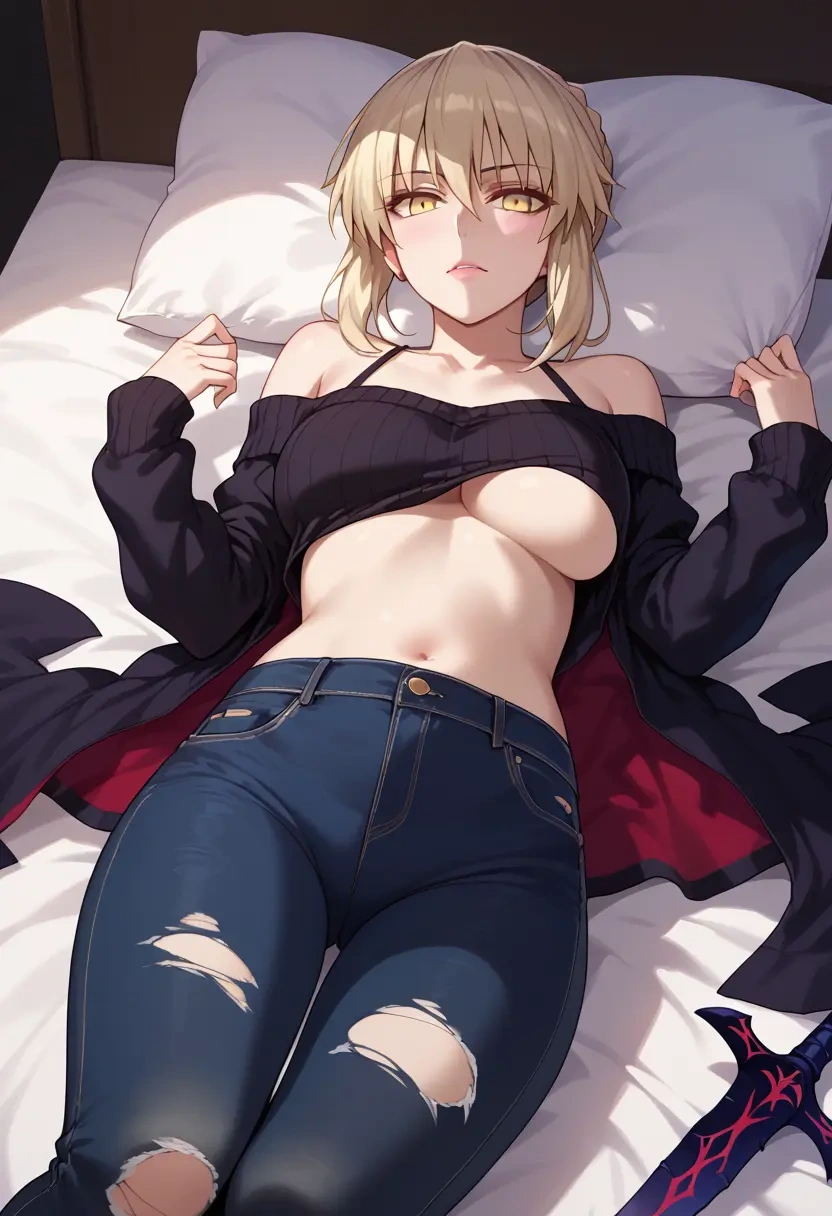 fate_(series),artoria_pendragon_(alter_swimsuit_rider)_(fate),sweater,off-shoulder,ripped jeans  - 