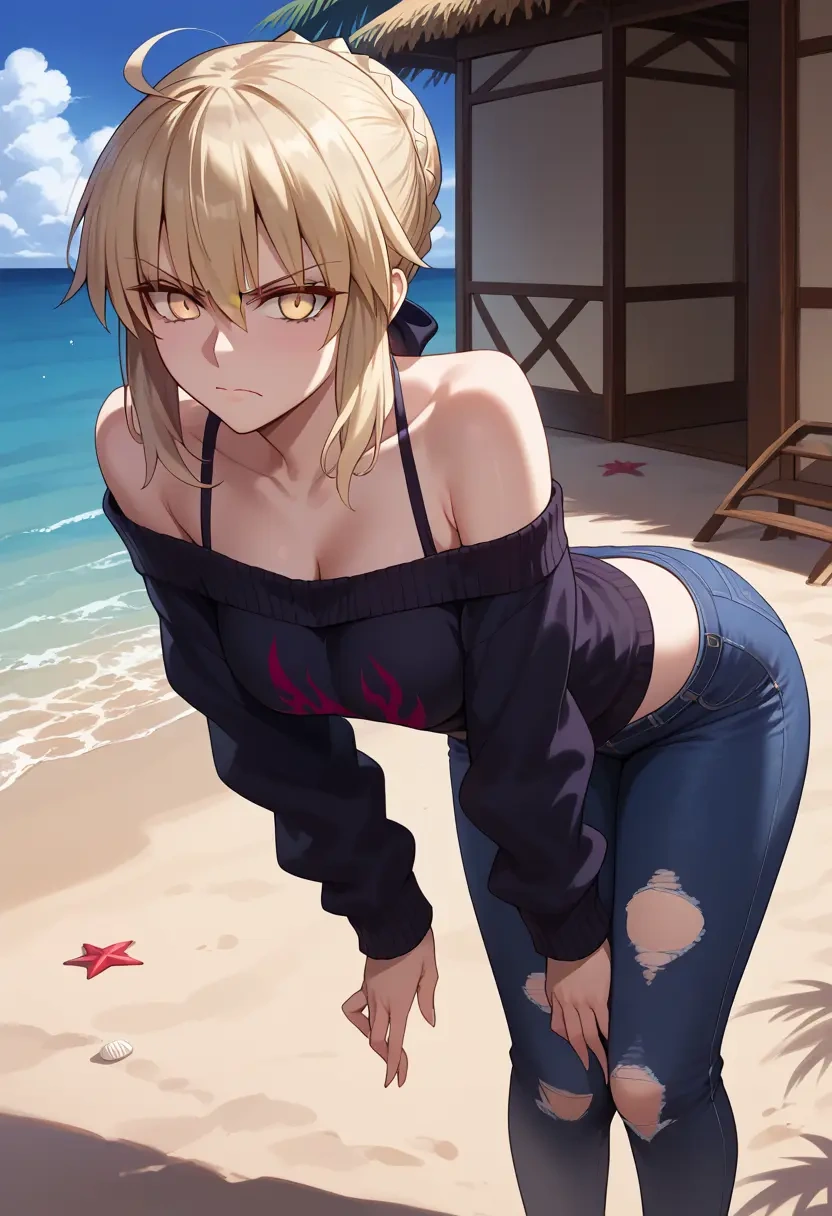 fate_(series),artoria_pendragon_(alter_swimsuit_rider)_(fate),sweater,off-shoulder,ripped jeans  - 