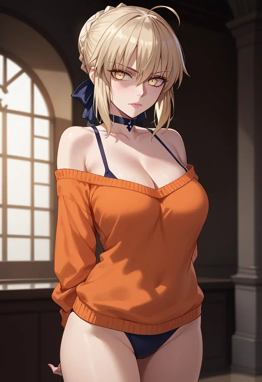 fate_(series),artoria_pendragon_(alter_swimsuit_rider)_(fate),orange,sweater,choker  - 