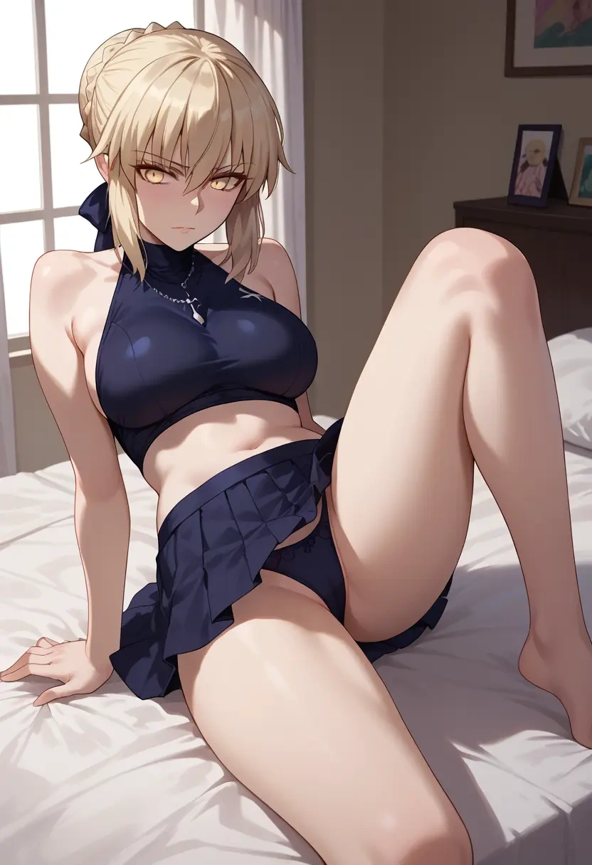 fate_(series),artoria_pendragon_(alter_swimsuit_rider)_(second_ascension)_(fate),mini skirt,panties,spread legs,one leg up,sexy  - 