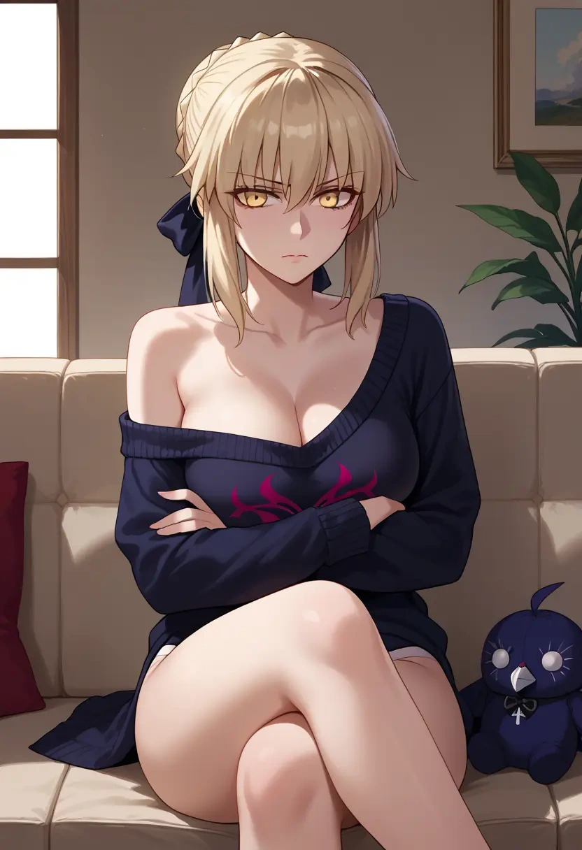 fate_(series),artoria_pendragon_(alter_swimsuit_rider)_(second_ascension)_(fate),arms crossed,off-shoulder,sweater,cross-legged  - 