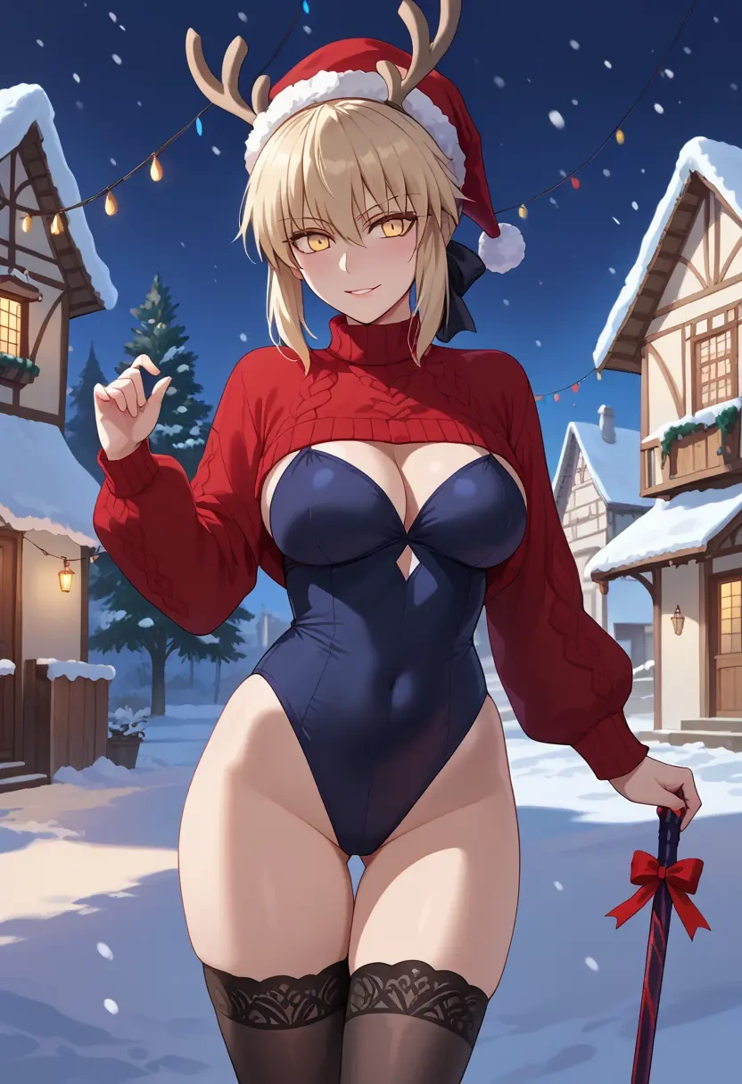 fate_(series),artoria_pendragon_(alter_swimsuit_rider)_(second_ascension)_(fate),sweater,stockings,Thigh garters  - 