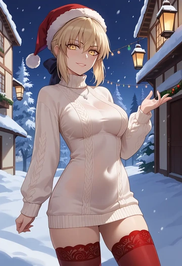 fate_(series),artoria_pendragon_(alter_swimsuit_rider)_(second_ascension)_(fate),Christmas,sweater dress,stockings  - AI generated anime art