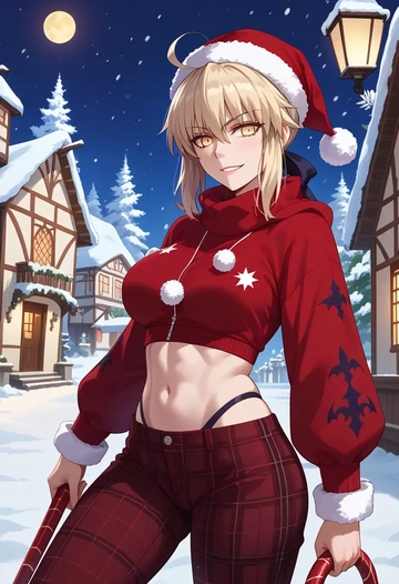 fate_(series),artoria_pendragon_(alter_swimsuit_rider)_(second_ascension)_(fate),Christmas,plaid trousers  - AI generated anime art