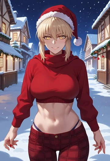 fate_(series),artoria_pendragon_(alter_swimsuit_rider)_(second_ascension)_(fate),Christmas,plaid trousers  - AI generated anime art