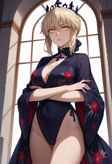 fate_(series),artoria_pendragon_(alter_swimsuit_rider)_(second_ascension)_(fate),kimono,silk,wide-leg trousers  - AI generated anime art