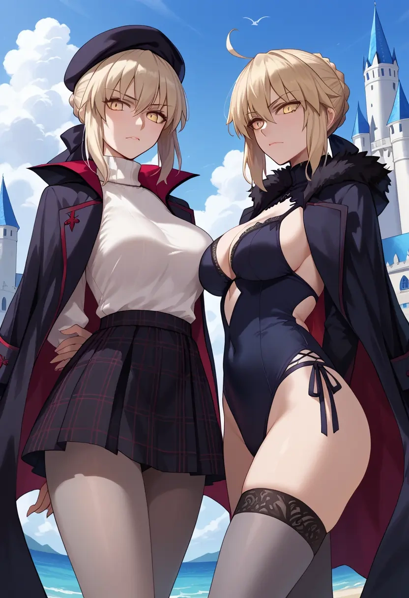 fate_(series),artoria_pendragon_(alter_swimsuit_rider)_(second_ascension)_(fate),winter,student uniform,pea coat  - 