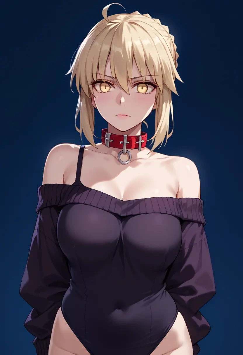 fate_(series),artoria_pendragon_(alter_swimsuit_rider)_(second_ascension)_(fate),sweater,off-shoulder,collar  - 