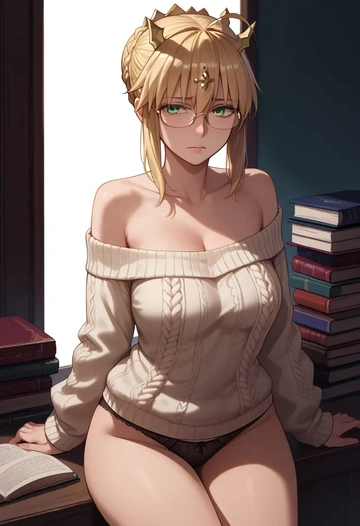 fate_(series),artoria_pendragon_(fate),sweater,panties,off-shoulder,glasses,sexy  - AI generated anime art