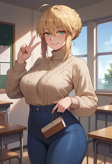 fate_(series),artoria_pendragon_(fate),teacher, sweater, jeans shorts  - AI generated anime art