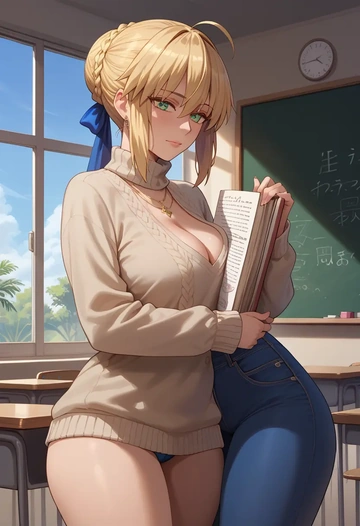 fate_(series),artoria_pendragon_(fate),teacher, sweater, jeans shorts  - AI generated anime art