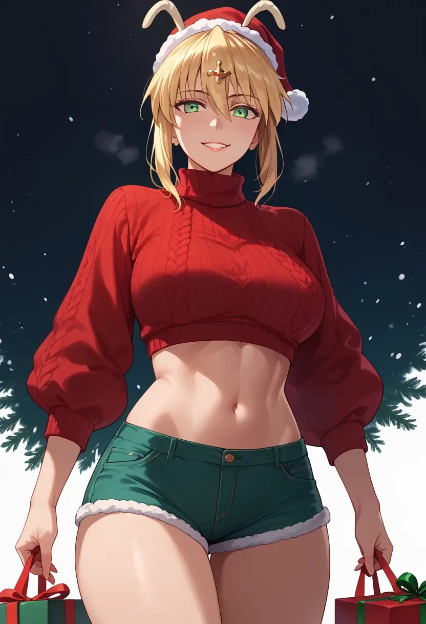 fate_(series),artoria_pendragon_(fate),Christmas,red velvet shorts,turtleneck sweater  - 