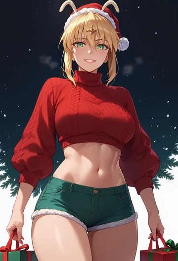 fate_(series),artoria_pendragon_(fate),Christmas,red velvet shorts,turtleneck sweater  - AI generated anime art