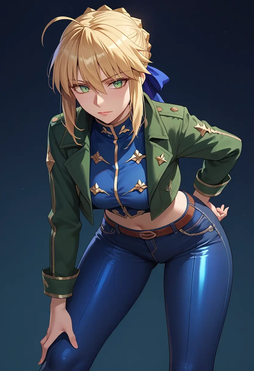 fate_(series),artoria_pendragon_(fate),denim jacket,cropped,leather leggings  - 