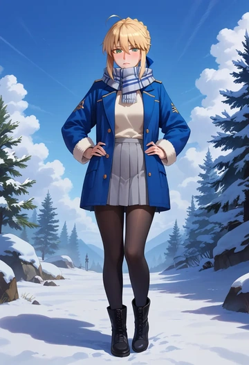 fate_(series),artoria_pendragon_(fate),winter,student uniform,puffer coat  - AI generated anime art