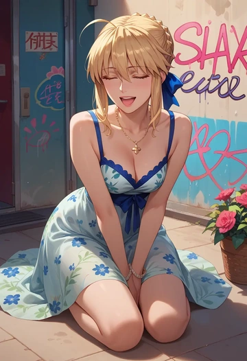 fate_(series),artoria_pendragon_(fate),floral graffiti blouse,dolphin shorts  - AI generated anime art