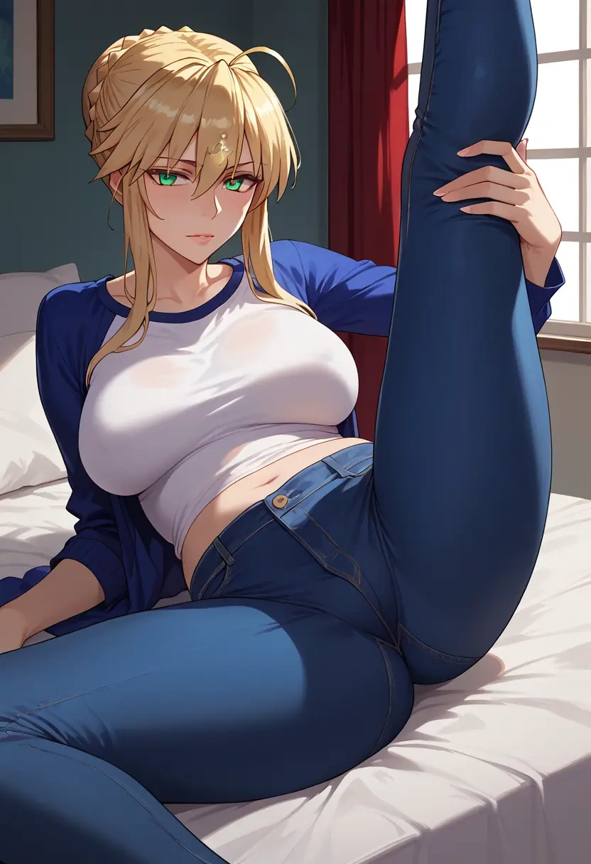 fate_(series),artoria_pendragon_(lancer)_(fate),jeans shorts,spread legs,one leg up,sexy  - 