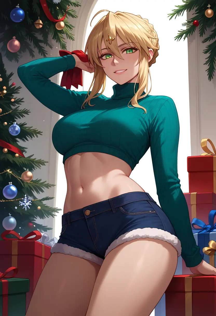 fate_(series),artoria_pendragon_(lancer)_(fate),Christmas,red velvet shorts,turtleneck sweater  - 