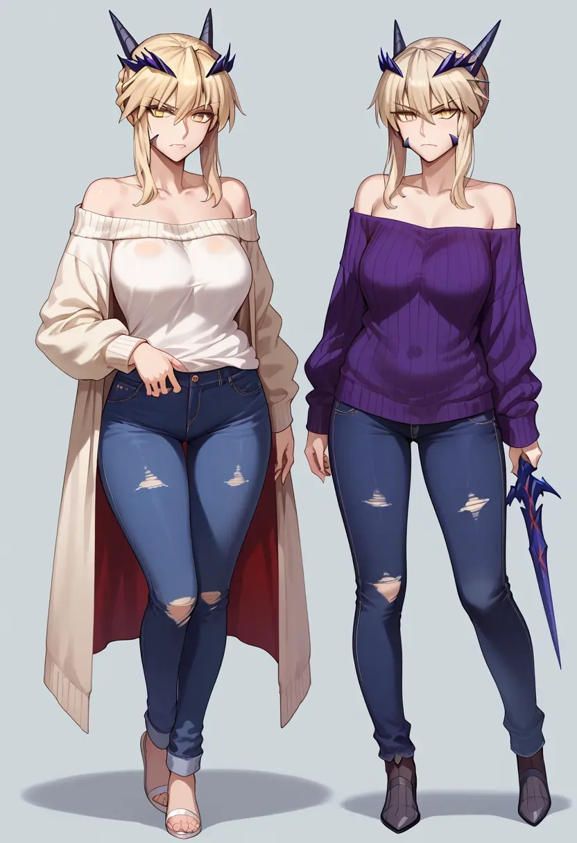 fate_(series),artoria_pendragon_(lancer_alter)_(fate),sweater,off-shoulder,ripped jeans  - 