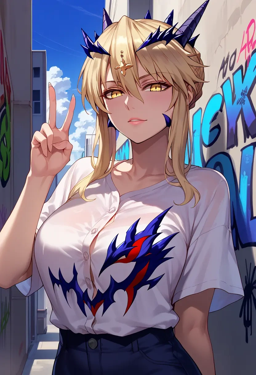 fate_(series),artoria_pendragon_(lancer_alter)_(fate),oversized graffiti shirt,dolphin shorts  - 