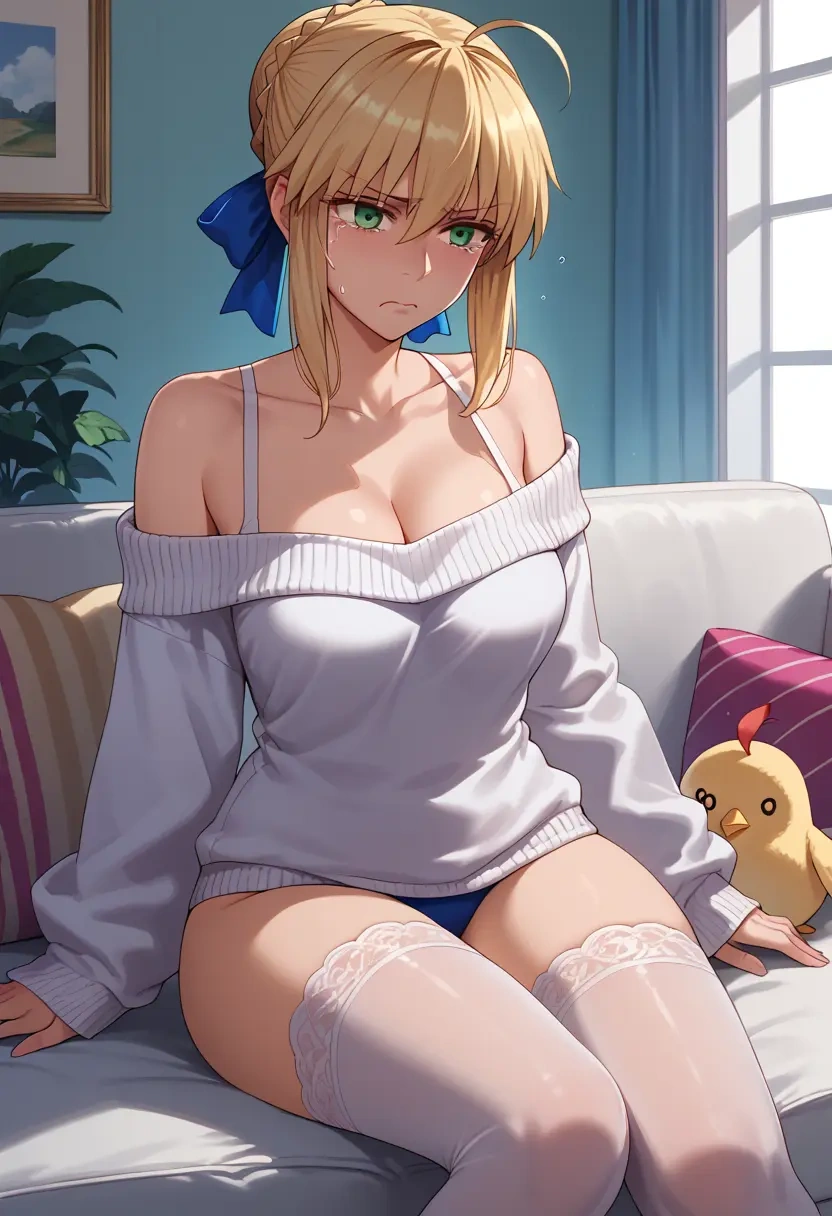 fate_(series),artoria_pendragon_(swimsuit_ruler)_(fate),Pouting ,Teary-eyed,off-shoulder,sweater  - 