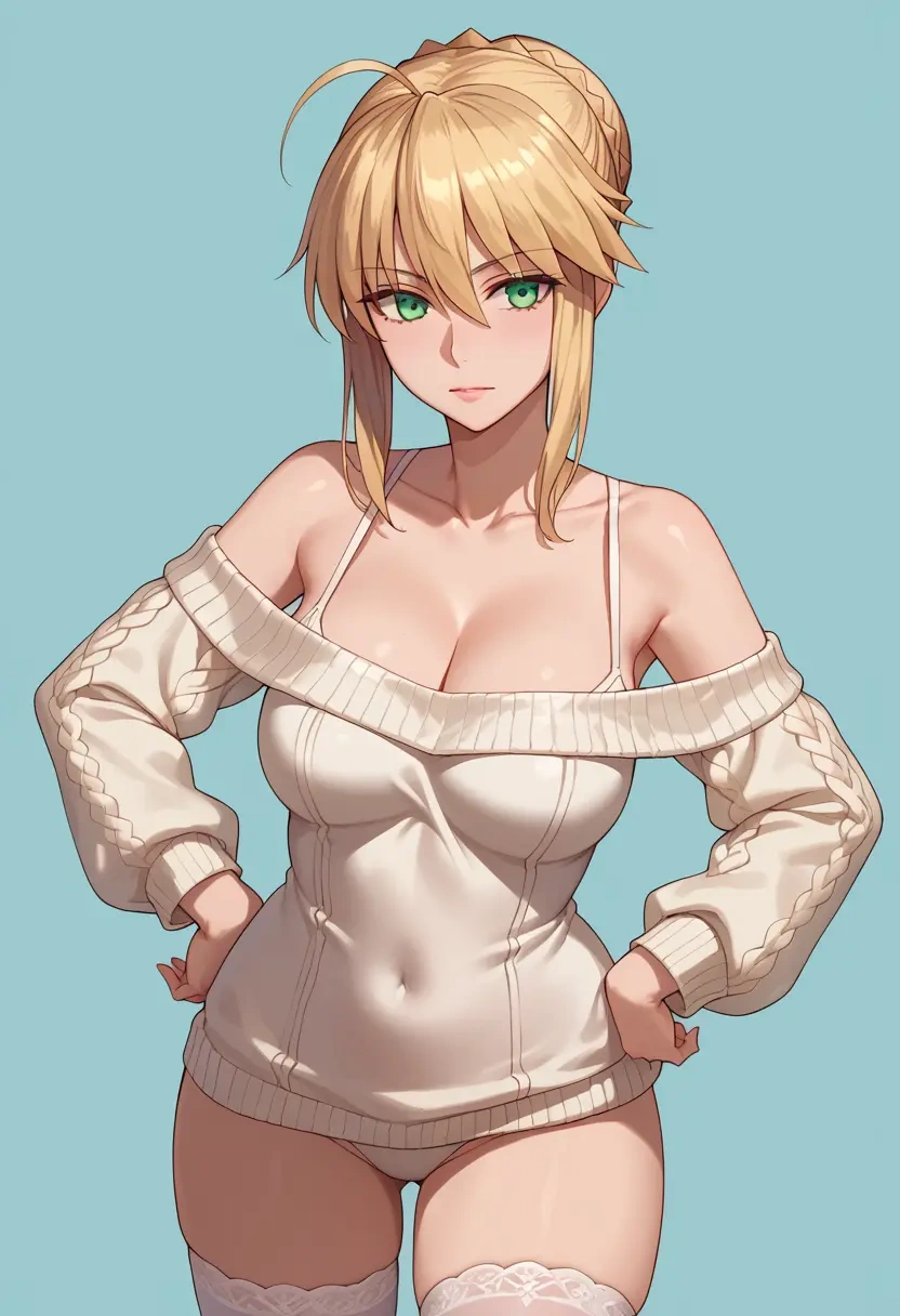 fate_(series),artoria_pendragon_(swimsuit_ruler)_(fate),Hands on hips,off-shoulder,sweater,stockings  - 