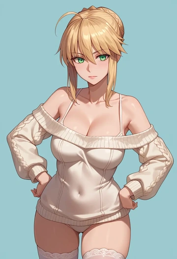 fate_(series),artoria_pendragon_(swimsuit_ruler)_(fate),Hands on hips,off-shoulder,sweater,stockings  - AI generated anime art