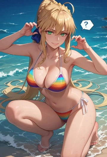 fate_(series),artoria_pendragon_(swimsuit_ruler)_(fate),bikini,rainbow-colored,sexy  - AI generated anime art