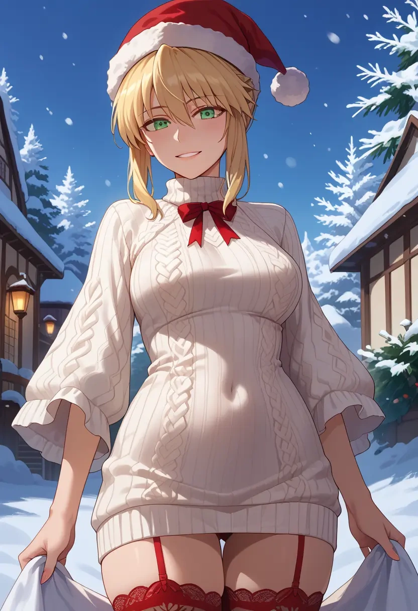 fate_(series),artoria_pendragon_(swimsuit_ruler)_(fate),Christmas,sweater dress,stockings  - 