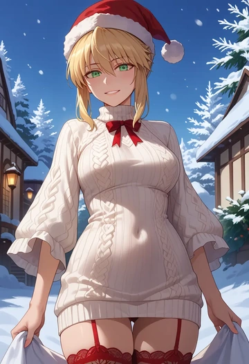 fate_(series),artoria_pendragon_(swimsuit_ruler)_(fate),Christmas,sweater dress,stockings  - AI generated anime art