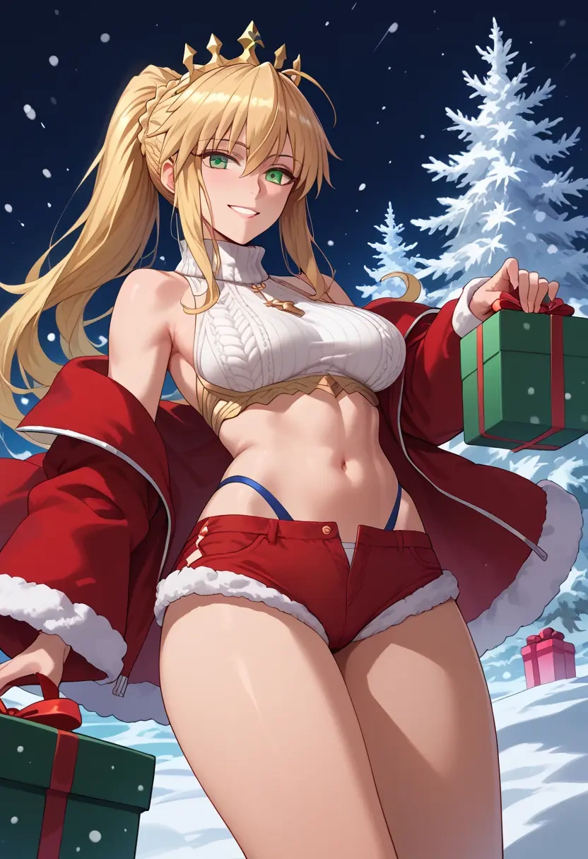 fate_(series),artoria_pendragon_(swimsuit_ruler)_(fate),Christmas,red velvet shorts,turtleneck sweater  - 