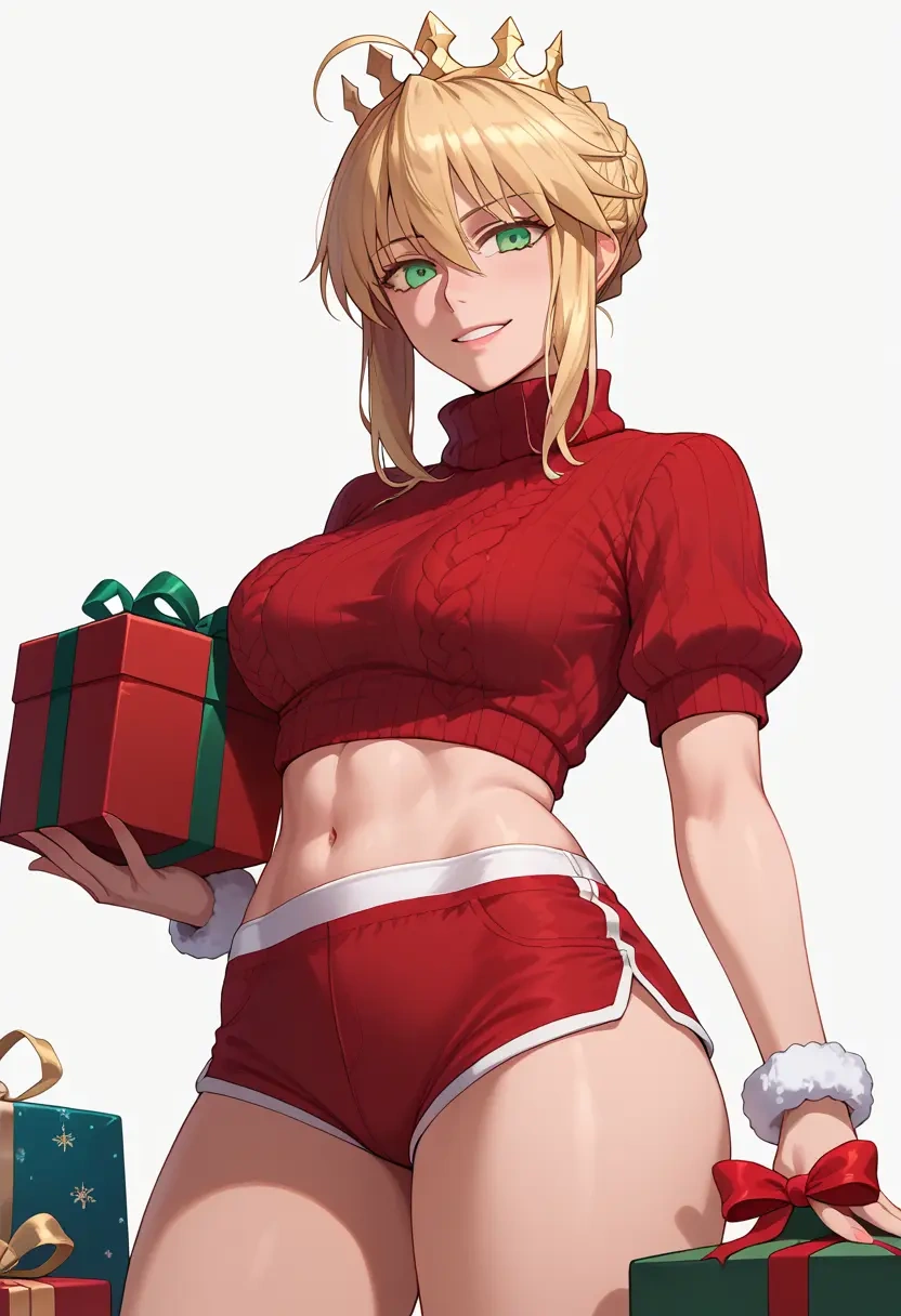 fate_(series),artoria_pendragon_(swimsuit_ruler)_(fate),Christmas,red velvet shorts,turtleneck sweater  - 