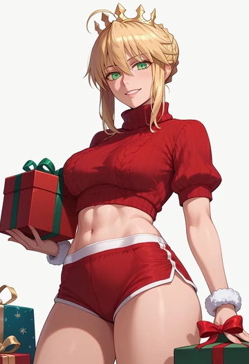 fate_(series),artoria_pendragon_(swimsuit_ruler)_(fate),Christmas,red velvet shorts,turtleneck sweater  - AI generated anime art