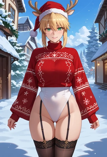 fate_(series),artoria_pendragon_(swimsuit_ruler)_(fate),sweater,stockings,Thigh garters  - AI generated anime art